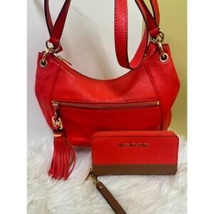 Michael Kors Coral Red Leather Shoulder Bag Wallet Bundle Pebbled & Saffiano